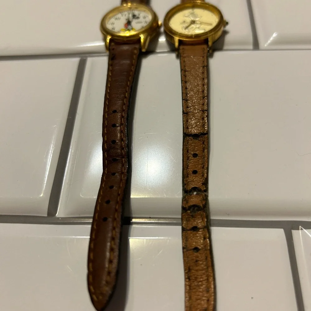 2 Vintage Gold Mickey Mouse Watches with Brown Leather Straps